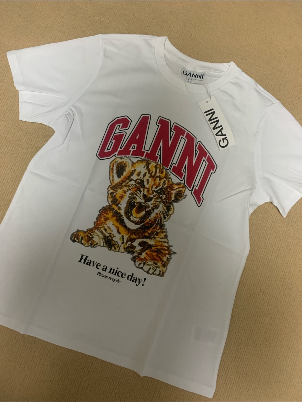 Cute Baby Tiger Ganni letter Print white crew neck T-shirt vintage style casual